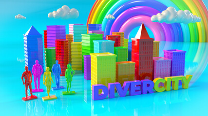 Diverc(s)ity - Bunte Stadt mit Gebäuden und diversen Menschen als Figuren mit Wolken am Himmel und Regenbogen im Hintergrund