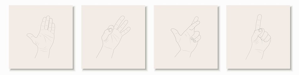 Set of drawn hand gestures. Human arms in outline style. Isolated drawing signs. Vector illustration