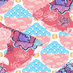Fototapeta na wymiar Beautiful japanese seamless pattern with clouds, waves, Daruma, plum, fan, sakura flower Vector template kimono asian texture. For printing on packaging, textiles, paper,fabric, manufacturing, wallp