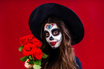 nice glamorous beautiful mexican dark brown eyes woman ready to Santa Muerte day
