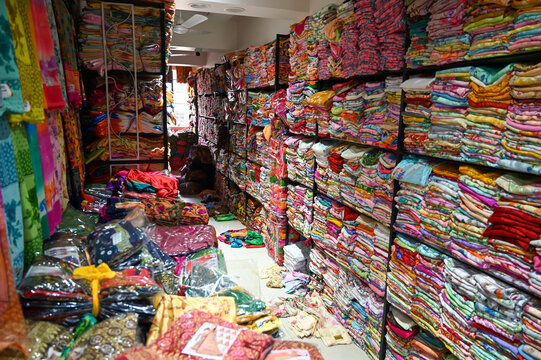 Saree Store Selling Various Types Of Sarees In Shop. Ethnic Woman Clothing In India.