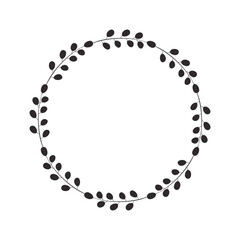 Abstract simple wreath of twigs and leaves in black. Minimalistic border, home design decoration, tag, logo. Floral frame, scrapbook element. Vector illustration isolated on white background. 