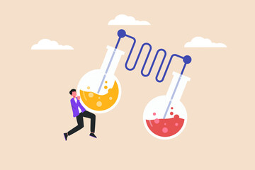 Young boy researchers doing two tube experiment. Scientific research concept. Flat vector illustration. 