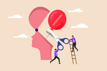 Businessman cuts a pessimistic balloon on his head. Optimist and pessimist psychology concept. Colored flat graphic vector illustration isolated.