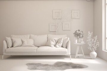 Mock up of minimalist living room in white color with sofa. Scandinavian interior design. 3D illustration