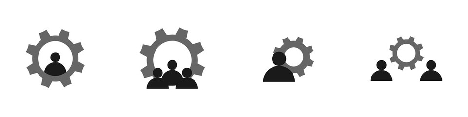 Conjunto de icono de administrador y trabajo en equipo. Concepto de mantenimiento y ajustes de red. Administración