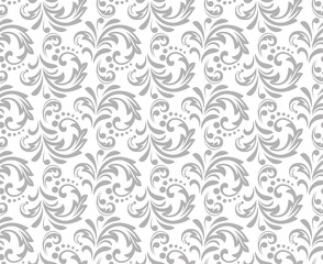 Flower pattern. Seamless white and gray ornament. Graphic vector background. Ornament for fabric, wallpaper, packaging.