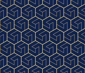 Abstract geometric pattern with stripes, lines. Seamless vector background. Gold and dark blue ornament. Simple lattice graphic design
