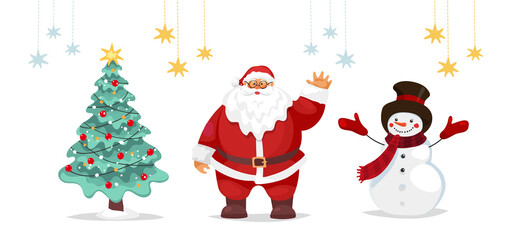 Santa Claus, decorated Christmas tree, snowman, Christmas icons set. Flat cartoon vector illustration, cute and funny winter character for happy new year. Design element for banner, card, flyer, sale.