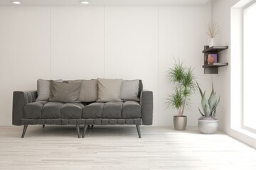 White living room with sofa. Scandinavian interior design. 3D illustration