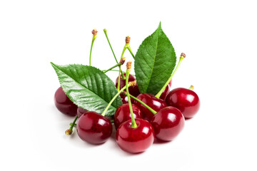 Cherry isolated. Sour cherry. Cherries with leaves on white background. Sour cherries on white