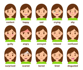 Cartoon girl face with different emotions