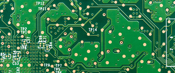 Electronic circuit board close up. Motherboard digital chip. High-tech technology background