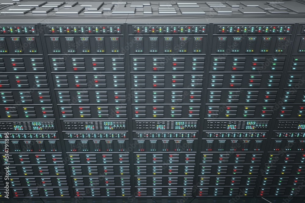 Poster Modern server room interior background with racks. Cloud computing and telecommunication concept. 3D Rendering.