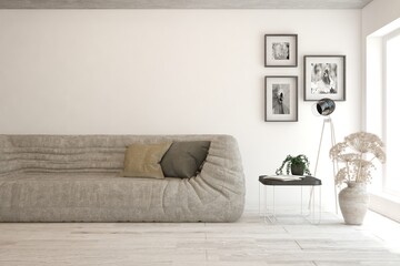 Modern living room in white color with sofa. Scandinavian interior design. 3D illustration