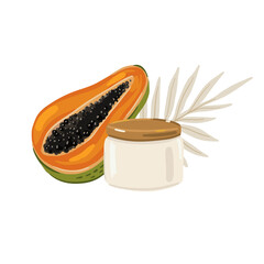 Beauty cream with papaya and beige palm leaf. Beauty illustration concept. Face cream jar. 