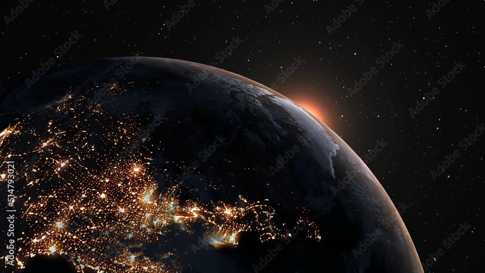 Poster planet earth with realistic geography surface and orbital 3d cloud atmosphere . outer space view of 