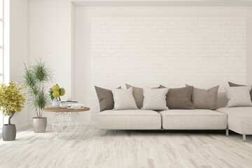 White living room with sofa. Scandinavian interior design. 3D illustration