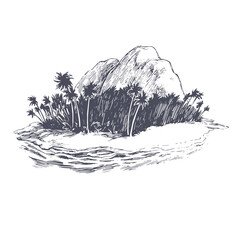 Vector vintage illustration of Treasure Island in engraving style. Hand drawn sketch of tropical landscape with trees and sea. Ocean coast with Palm Beach.