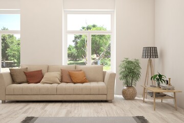 White living room with sofa and summer landscape in window. Scandinavian interior design. 3D illustration