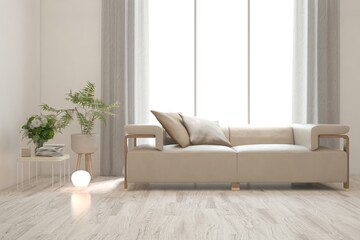 White living room with sofa. Scandinavian interior design. 3D illustration