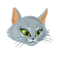 Grey cartoon cat illustration. Cute kitten head. Cartoonish cat illustration. Pet art. 