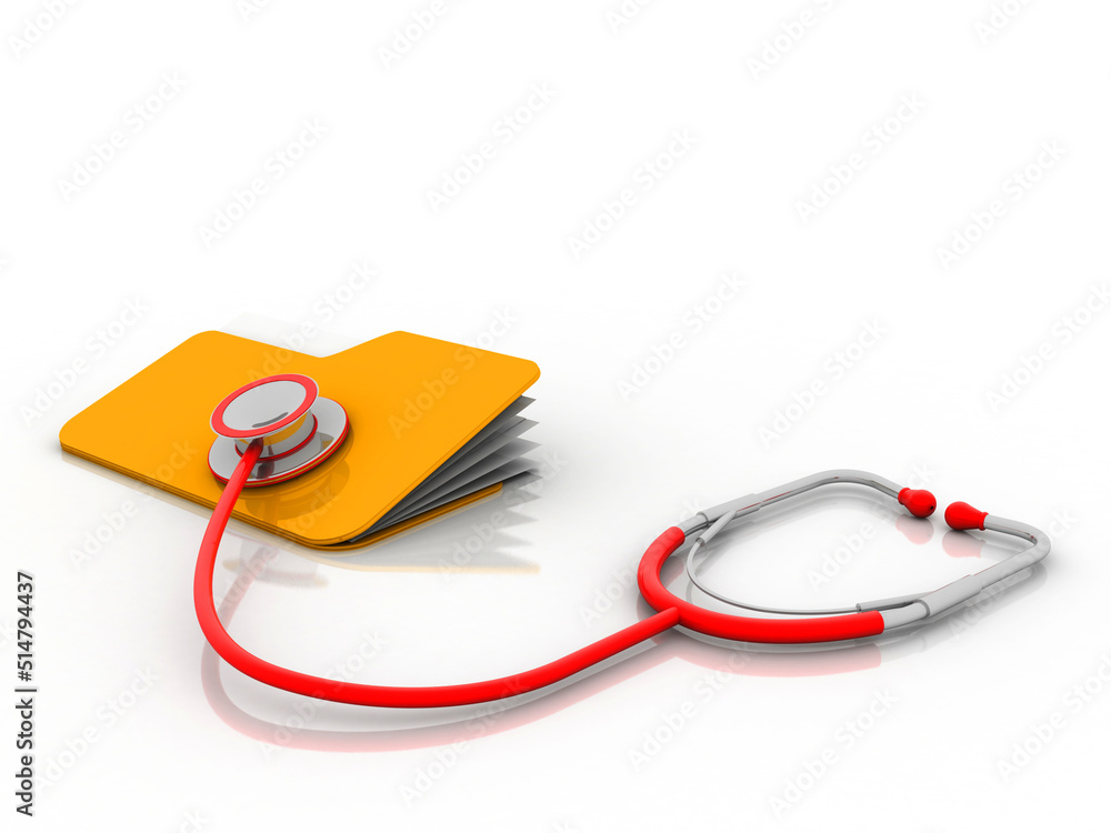 Poster 3d rendering folder with cfl connected stethoscope