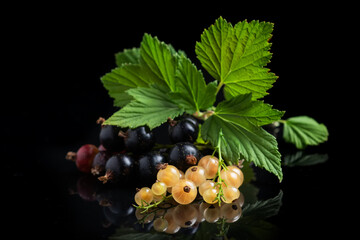 Black and white currant with leaves on black bacground