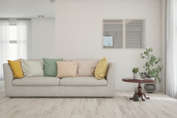 White living room with sofa. Scandinavian interior design. 3D illustration