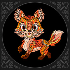 Colorful cute fox cartoon zentangle arts. isolated on black background.