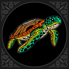 Colorful turtle cartoon cartoon zentangle arts. isolated on black background.