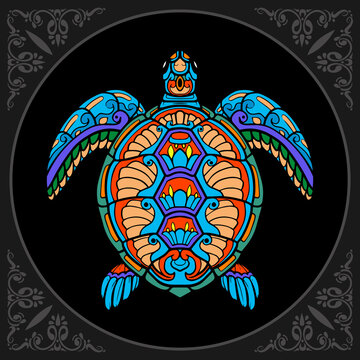 Colorful turtle zentangle arts. isolated on black background.