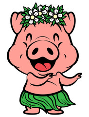 Cartoon illustration of Funny Piglets wearing hawaiian costume like lei and hula, and doing hula hula dance, best for sticker, mascot, and logo with summer themes for kids - obrazy, fototapety, plakaty