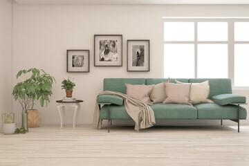 White living room with sofa. Scandinavian interior design. 3D illustration