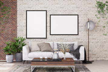 Naklejka premium Mock up poster frame in modern interior background