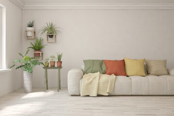 White living room with sofa. Scandinavian interior design. 3D illustration