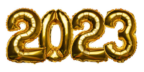 2023 Happy New Year concept from golden foil balloon