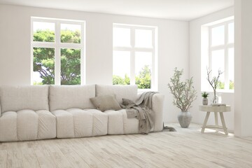 White living room with sofa and summer landscape in window. Scandinavian interior design. 3D illustration