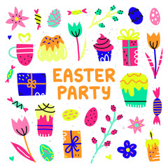 Set of doodle icons for Easter celebration and lettering.