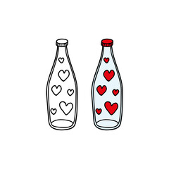Doodle outline and colored bottle with hearts.