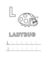 Alphabet with cute cartoon animals isolated on white background. Coloring pages for children education. Vector illustration of ladybug and tracing practice worksheet letter L
