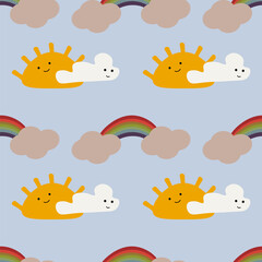 Rainbow,cloud and sun vector ilustration seamless patern.Great for textile,fabric,wrapping paper,and any print.