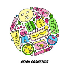 Doodle asian cosmetics in circle.