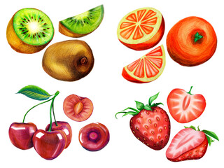 A set of whole and sliced ripe kiwis, juicy cherries, strawberries and oranges drawn with colored pencil on an isolated background. For the design of natural organic elements.