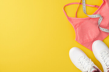 Sports concept. Top view photo of pink sports bra white shoes and tape measure on isolated yellow background with copyspace