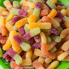 gummy candy two-color red and green close-up, multi-colored gummy worms