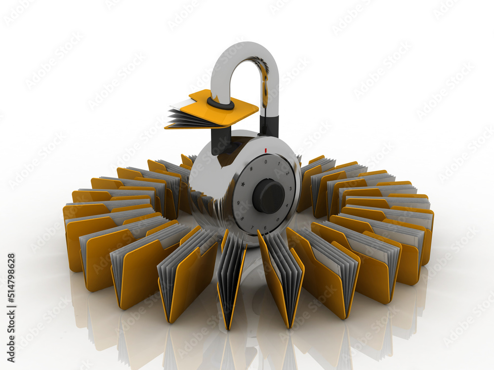 Poster 3d rendering yellow folder and lock. data security concept