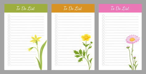 Fototapeta na wymiar Set of planners and to do list, decorated with flowers. Template for agenda, schedule, checklist, notebook, card. Wish list collection with wildflowers. Journal and planner design vector illustration.