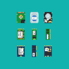 Information technology pixel art icons set. Robot arm. Brain and cerebrum. Artificial intelligence data micro circuit and microchip. Isolated vector illustration on light blue background