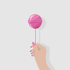 Hand hold candy Lollipop. Flat illustration of female hand with candy, vector design element. Vector illustration isolated cartoon style